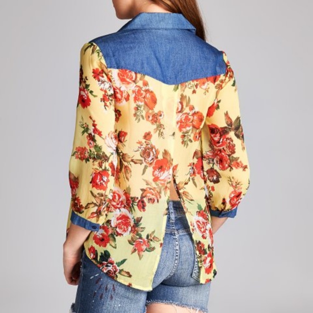 Yellow Sheer Floral & Denim Blouse